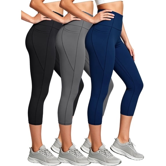 Cadmus Womens 3 Pack High Waist Tummy Control Capri Yoga Leggings with Pockets, Black/Grey/Navy Blue, 2XL
