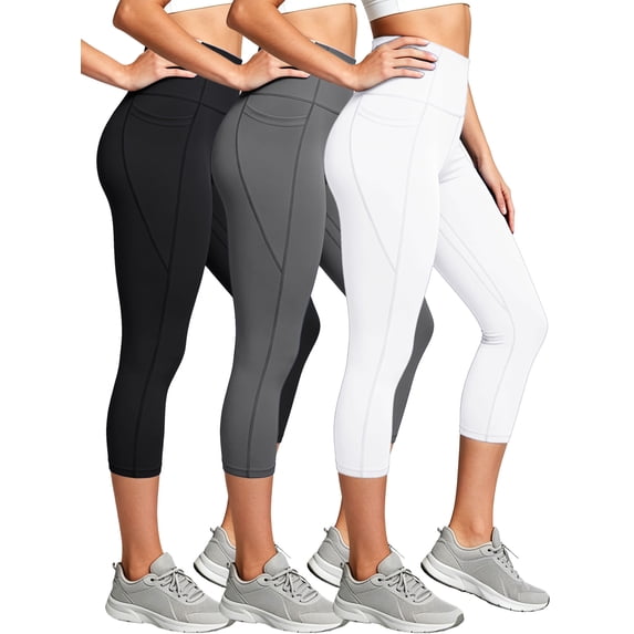 Cadmus Womens 3 Pack High Waist Tummy Control Capri Yoga Leggings with Pockets,Black/Grey/White, L