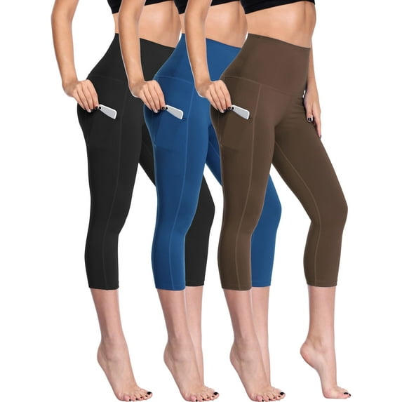 Cadmus Womens 3 Pack High Waist Tummy Control Capri Yoga Leggings with Pockets, Black & Medium Blue & Coffee Brown, M