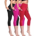 thumbnail image 1 of Cadmus Womens 3 Pack High Waist Tummy Control Capri Yoga Leggings with Pockets, Black & Rose Red & Red, L, 1 of 5