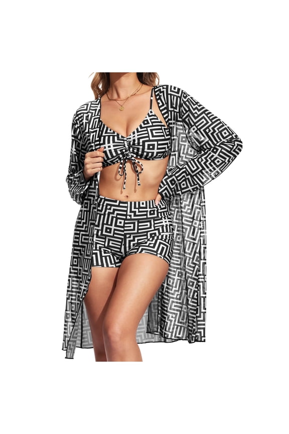 Womens 3 Piece Bikini Set Geometric Print Bathing Suit Drawstring Swimsuit with Cover Ups Kimono,012, Large