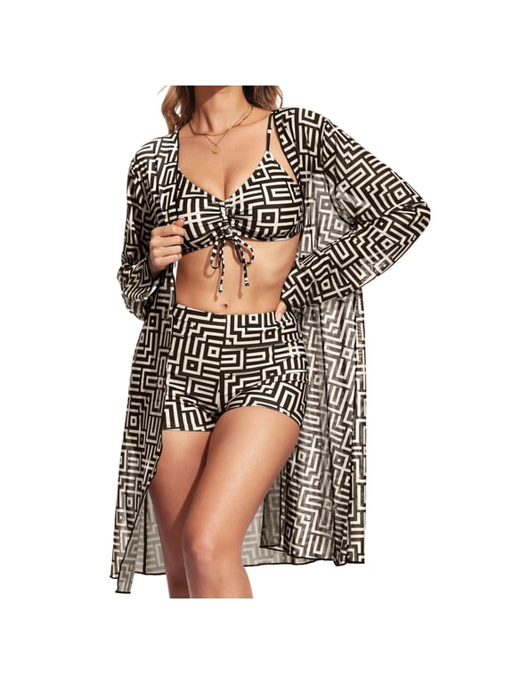 Womens 3 Piece Bikini Set Geometric Print Bathing Suit Drawstring Swimsuit with Cover Ups Kimono,012, Large