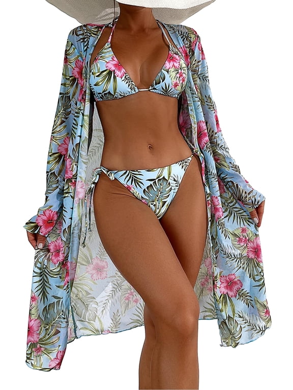 Womens 3 Piece Bikini Set with Cover Up Halter Triangle Swimsuit Long Sleeve Kimono Beachwear,013, X-Large