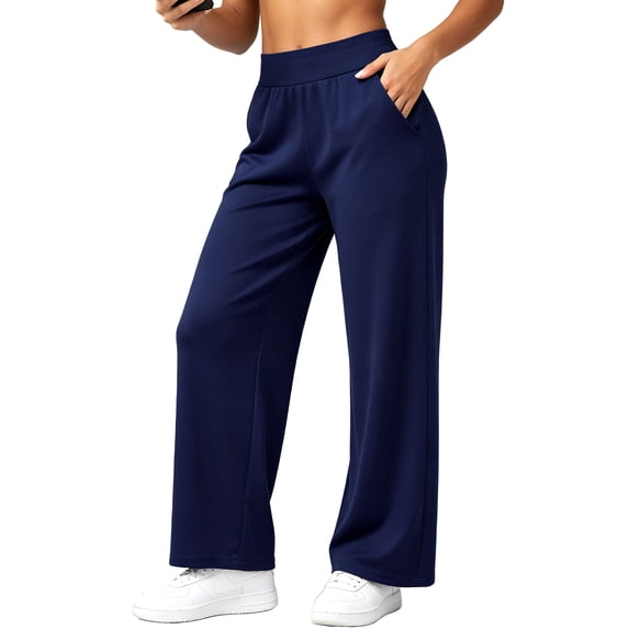 Cadmus Womens High Waist Stretch Wide Leg Lounge Pants Loose Fit Yoga Workout Sweatpants with Pockets, Navy Blue, L