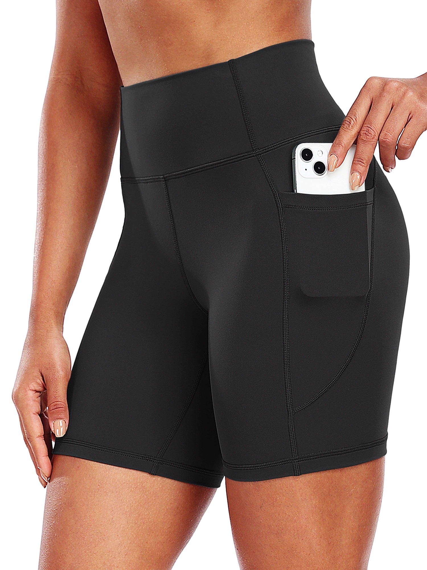 Womens High-Waist Stretch Yoga Shorts Ultra Soft Naked Feeling Workout Shorts with Lycra Fabric for Running & Gym, Black, L