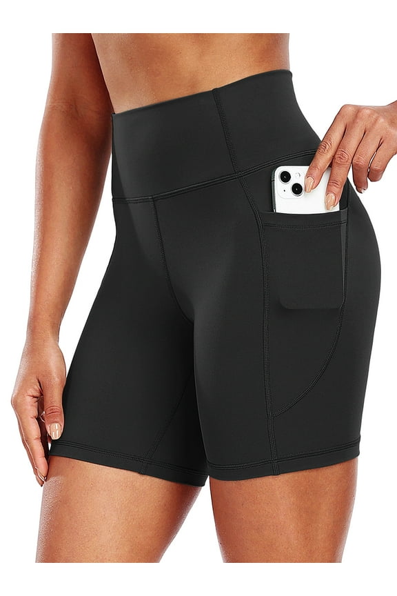 Womens High-Waist Stretch Yoga Shorts Ultra Soft Naked Feeling Workout Shorts with Lycra Fabric for Running & Gym, Black, M