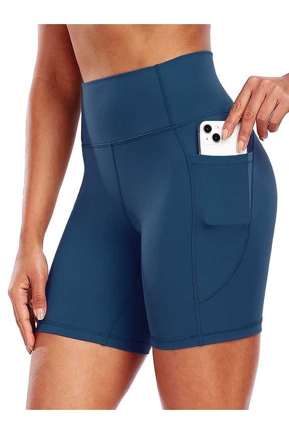 Womens High-Waist Stretch Yoga Shorts Ultra Soft Naked Feeling Workout Shorts with Lycra Fabric for Running & Gym, Navy Blue, L