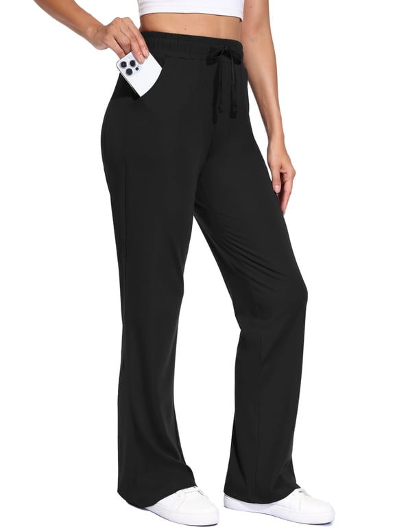 Womens High Waisted Bootcut Flare Pants with Pockets Comfy Breathable for Daily Casual Running Wear, Black, XL
