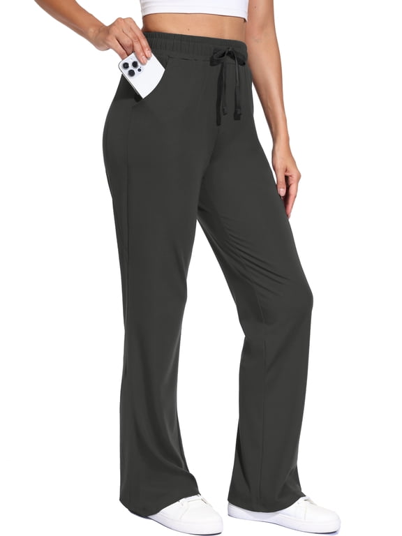 Womens High Waisted Bootcut Flare Pants with Pockets Comfy Breathable for Daily Casual Running Wear, Grey, L