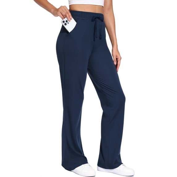 Cadmus Womens High Waisted Bootcut Flare Pants with Pockets Comfy Breathable for Daily Casual Running Wear, Navy Blue, XL