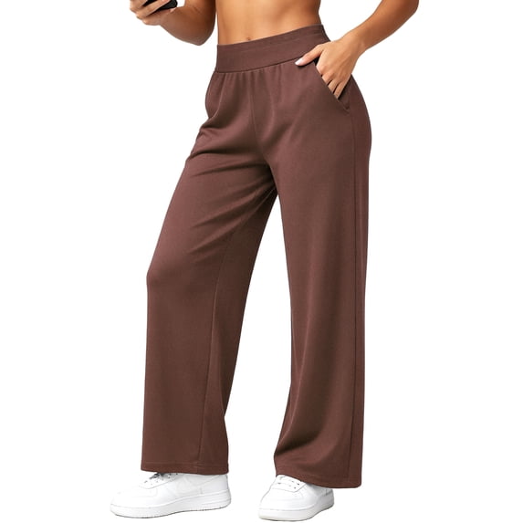 Cadmus Womens Plus Size High Waist Stretch Wide Leg Lounge Pants Loose Fit Yoga Workout Sweatpants with Pockets, Dark Brown, 2XL