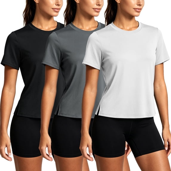 Cadmus Womens Plus Size UPF 50+ Quick Dry Short Sleeve Workout Shirts Loose Fit Side Slits Fitness Pilates Gym Tee Tops, 3 Pack, Black/Gray/White, 2XL