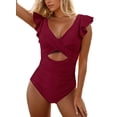 thumbnail image 1 of Cadmus Womens V Neck Ruffled One Piece Swimsuit Tummy Control Cutout Bathing Suits,2390, Red，Medium, 1 of 4