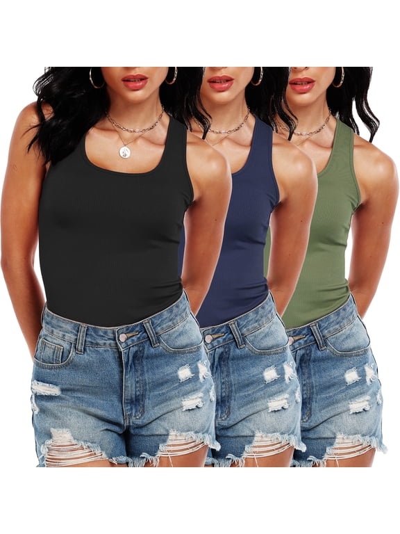 Womens Workout Tank Tops Scoop Neck Summer Sleeveless Basic Shirt Ribbed Racerback Blouses