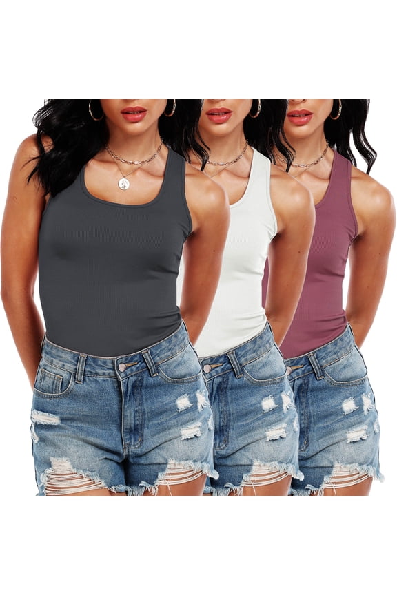 Womens Workout Tank Tops Scoop Neck Summer Sleeveless Basic Shirt Ribbed Racerback Blouses