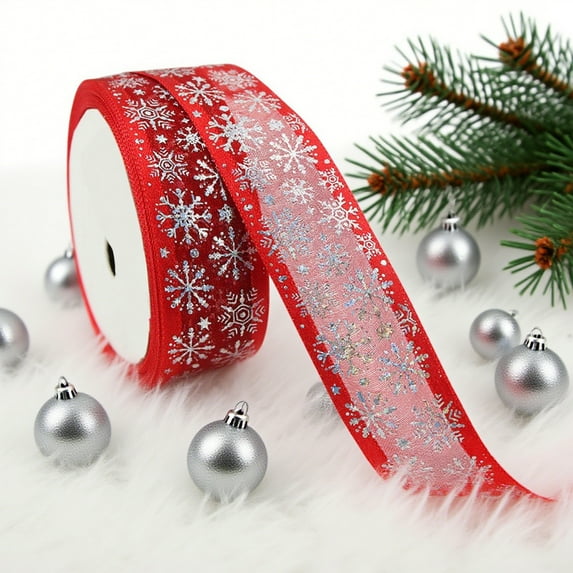 Cadorn 1 PCS Christmas Snowflake Ribbon, Red Decorative Trim for Xmas Tree, Festive Holiday Party Decorations, Winter Seasonal Craft Supplies