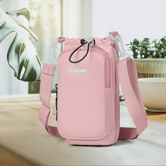Cadorn 1 PCS Portable Water Bottle Holder for Women, Lightweight Crossbody Bag with Adjustable Strap, Multi-functional Drawstring Design for Outdoor Travel, Hiking, Gym - Pink