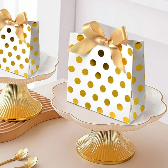 Cadorn 10 Sets of Hot Stamping Gold Polka Dots Bow Hand Bags, Suitable for Neckties Scarves, Mini Gift Tote Bags, Thank You Favor Bag for Valentine Wedding Baby Bridal Shower Birthday Party