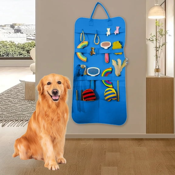 Cadorn 1PCS Cat Dog Toy Storage Wall Hanging Display Bag,Multi-Pocket Organizer with Adjustable Straps,Blue Pet Toys Storage Solution for Home Closet Organization,Wall-Mounted Pet Accessories