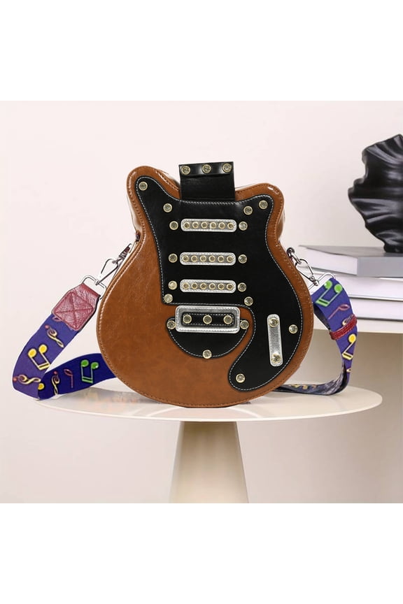 1PCS Guitar Crossbody Bag,Rhinestone Studded Leather Shoulder Purse,Stylish Music-Themed Accessory for Daily Use Concerts or Parties - Brown