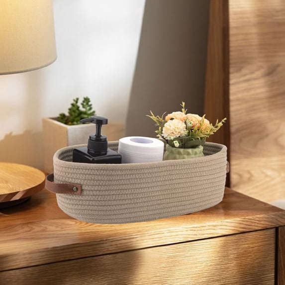 Cadorn 1PCS Oval Leather Handle Cotton Rope Storage Basket,Khaki Bathroom Organizer Bin for Home Storage,Closet and Cabinet Organization