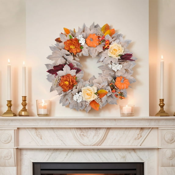 Cadorn 1PCS Thanksgiving Halloween Fall Harvest Artificial Pumpkin Maple Leaf Wreath, Autumn Decorative Grapevine Wreath for Front Door, Fireplace Mantel, Harvest Festival Home Decorations