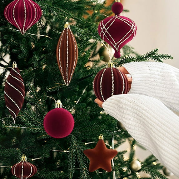 Cadorn 24PCS Christmas Velvet Painted Balls,Burgundy Color Holiday Decorative Spheres,Luxe Xmas Tree Ornaments for Winter Festival Home Decorations