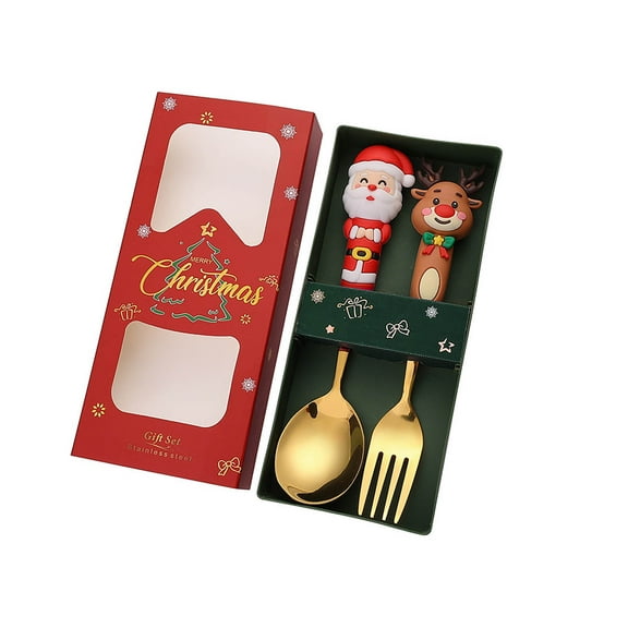 Cadorn 2PCS Christmas Dessert Character Fork and Spoon Set, Holiday Utensil Set with Festive Designs for Xmas Party Dining, Home Kitchen Accessories, Christmas Tree Tableware Supplies