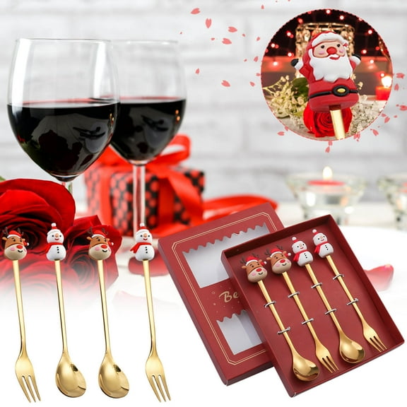 Cadorn 4PCS Christmas Spoon and Fork Set, Cartoon Santa & Tree Design Festive Dessert Utensils for Xmas Holiday Party Supplies