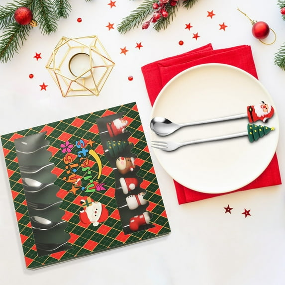 Cadorn 4PCS Christmas Stainless Steel Spoon and Fork Gift Set, Cartoon Design Dessert Utensils with Polished Silver Finish, Xmas Holiday Party Supplies, Home Kitchen Accessories, Dining Decorations