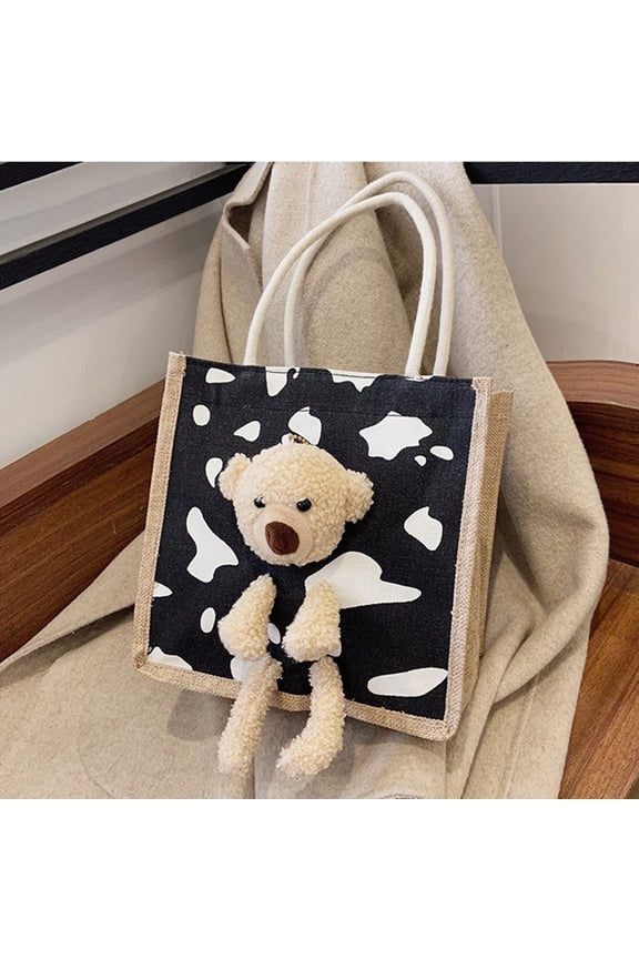 Canvas Tote Bag Cute Teddy Bear Cartoon Stylish Shoulder Bag for Women Students, Lightweight and Practical for School Casual Use Shopping Daily Essentials