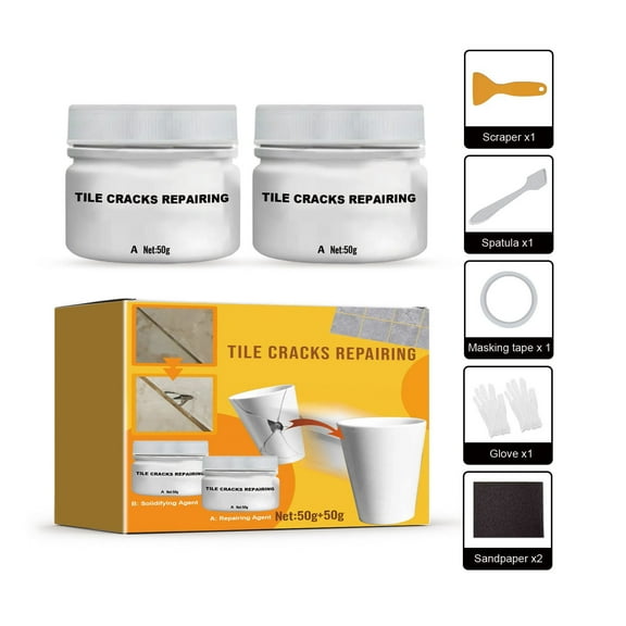 Cadorn Ceramic Tile Repair Paste - Crack Fix & Tile Maintenance Kit - 2 x 50g (Repairing Agent + Solidifying Agent) with Tools