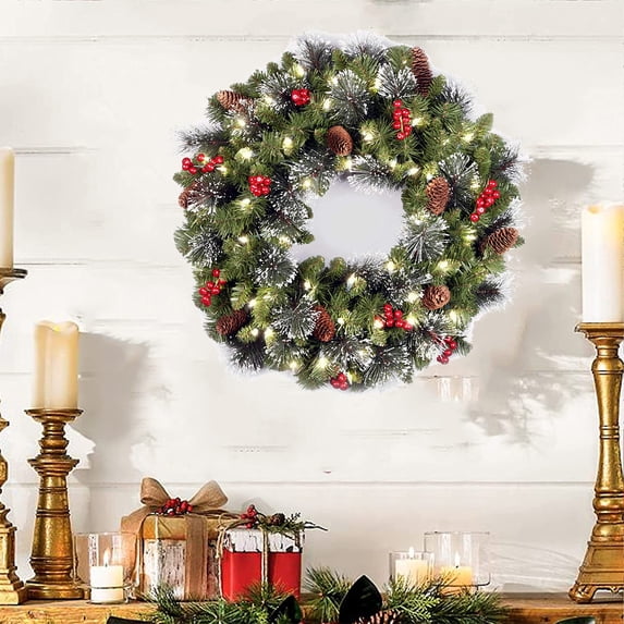 Cadorn Christmas Pine Needle Wreath Vine Decorations, 12 Inch Illuminated Front Door Hanging Ornaments for Xmas Tree, Holiday Indoor Party Supplies, Festive Christmas Decor