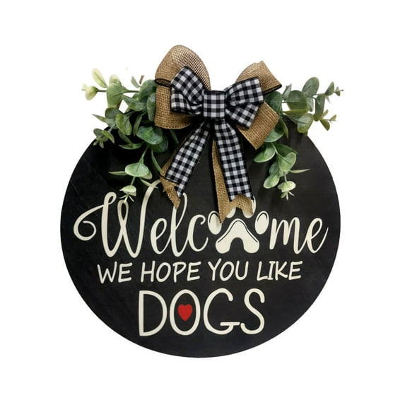 Cadorn Dog-Themed Welcome Door Hanger – Decorative Front Door Wreath with “Welcome – We Hope You Like Dogs” Design & Rustic Bow Accents