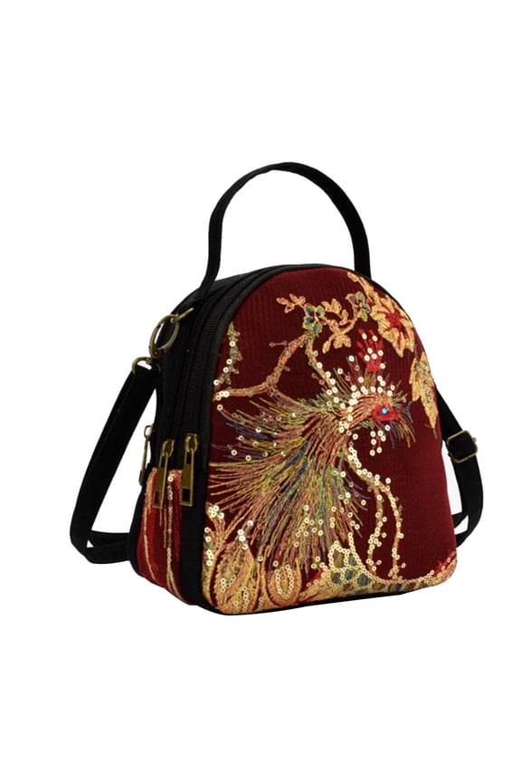 Ethnic Embroidered Canvas Backpack for Women, Peacock Embroidery Design, Durable Shoulder Bag with Adjustable Straps for Daily Use, Travel, and Outdoor Activities