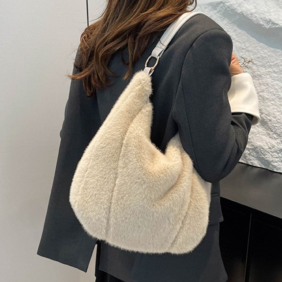 Cadorn Faux Mink Plush Tote Bag Stylish Casual Shoulder Handbag for Women with Inner Pocket Fall Winter Versatile Commute Daily Use Shopping