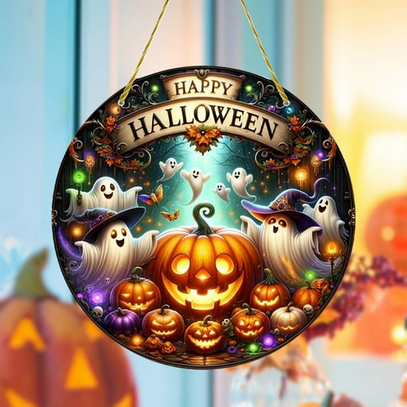 Cadorn Halloween Acrylic Round Wall Decor - Pumpkin Ghost Wall Hanging for Indoor Outdoor Holiday Decoration