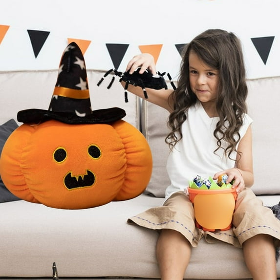 Cadorn Halloween Funny Pumpkin Pillow - Cotton Plush 13.77x13.77in Soft Cushion, Embroidered Witch Hat Design for Kids Room Decor, Halloween Gift for Children (Purple Blue)