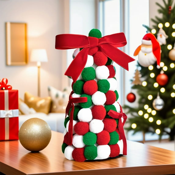 Cadorn Handmade Tabletop Christmas Tree Decorations with Pom Poms and Bow - Festive Home Decor, Holiday Ornaments, Elegant Christmas Tree Centerpiece for Xmas Party