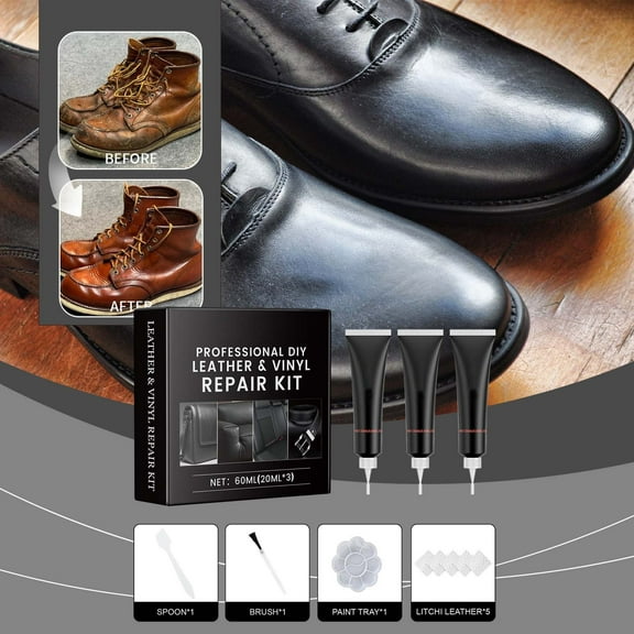 Cadorn Leather Repair Kit – 3x Leather Repair Cream + 1x Paint Palette + 1x Leather Cream Brush + 1x Spoon + 1x Lychee Grain Leather for Furniture, Shoes & Car Upholstery Restoration