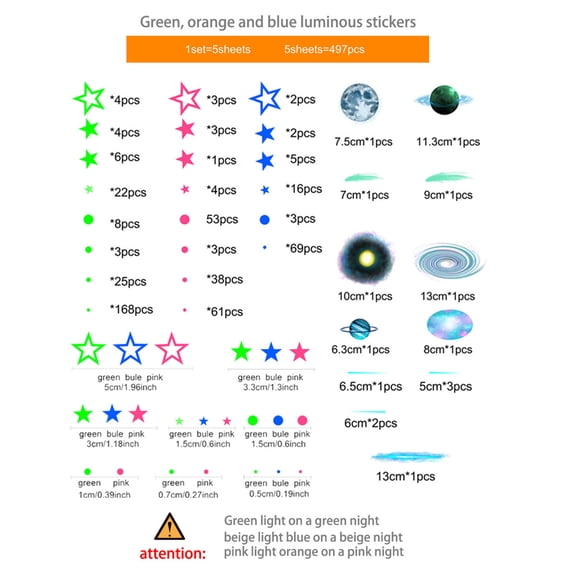 Cadorn Luminous Star Wall Stickers for Childrens Room - Green, Orange & Blue Glow - 5 Sheets (497 Pcs) DIY Decorations
