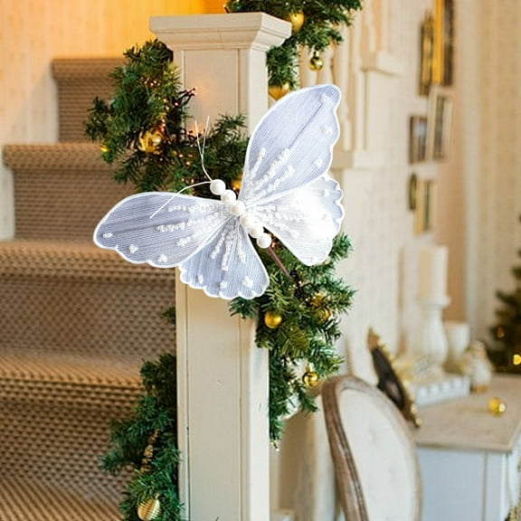 Cadorn Simulated Fabric Glitter Butterfly Ornaments, Shimmering Silver Holiday Decor for Christmas Tree Xmas Home Party Supplies