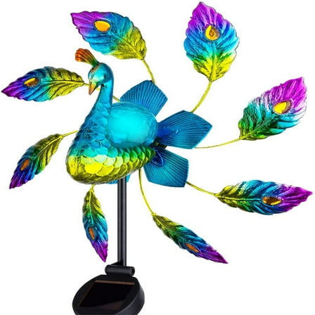 Cadorn Solar Powered Peacock Windmill Light - Colorful Kinetic Garden Decor with LED Lights - Outdoor Courtyard Lawn Patio Ornament