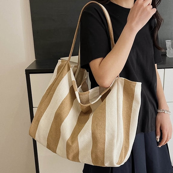Cadorn Striped Canvas Tote Bag Fashion Casual Soft Lightweight Versatile Large Capacity Shoulder Bag for Women for Work, Beach, Travel, Shopping and Daily Use