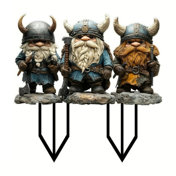 Cadorn Viking Gnome Statue Garden Decor Set - 3 - Piece Wearable Helmet Ground Plug Pendants for Outdoor Yard Decor