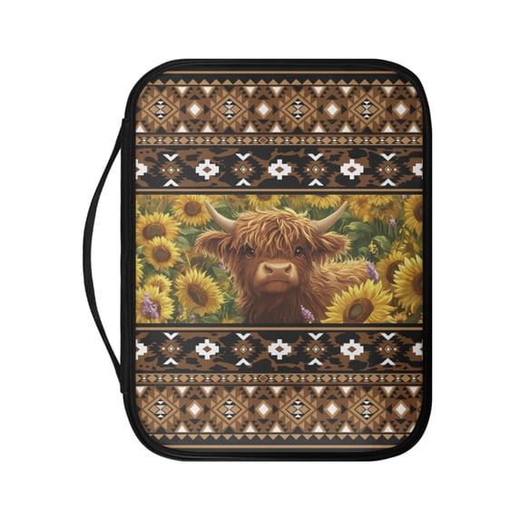 FKELYI American Tribal Sunflower Highland Cow Print PU Letaher Bible Cover for Women Men Church Bible Bag Carrying Book Case with Handle & Zipper Pocket Book Organizer Holder for Prayer