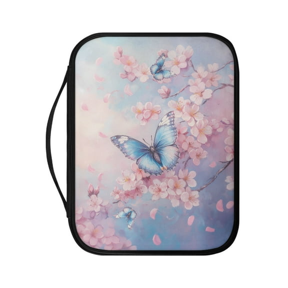 FKELYI Bible Cover with Zipper Pocket Faux Leater Bible Bags with Handle Book Carrier Organzier Holder for Prayer Christian Study Pink Cherry Floral Butterfly Print Scripture Protector