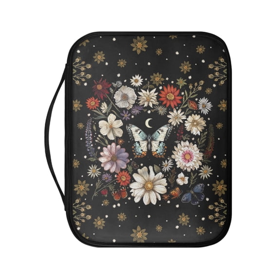 FKELYI Bible Cover with Zipper Pocket Vintage Floral Butterfly Print Faux Leater Bible Bags with Handle Book Carrier Organzier Holder for Prayer Christian Study