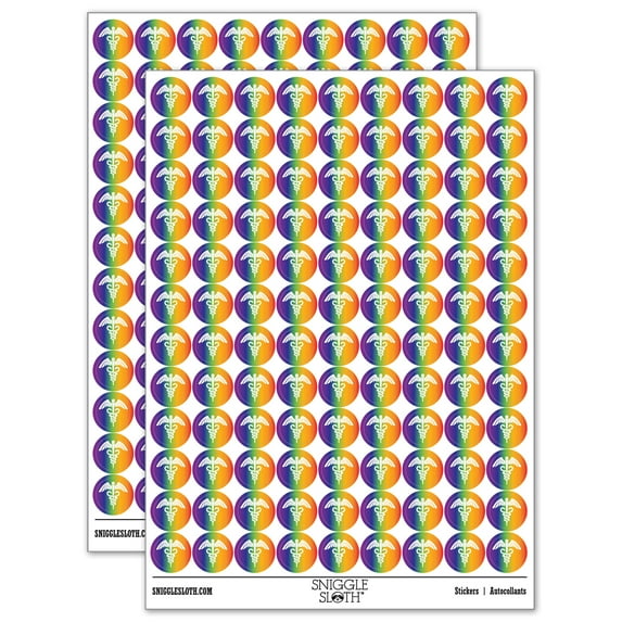 Caduceus Health Medical Symbol 200+ Round Stickers - Rainbow - Gloss Finish - 0.50" Size