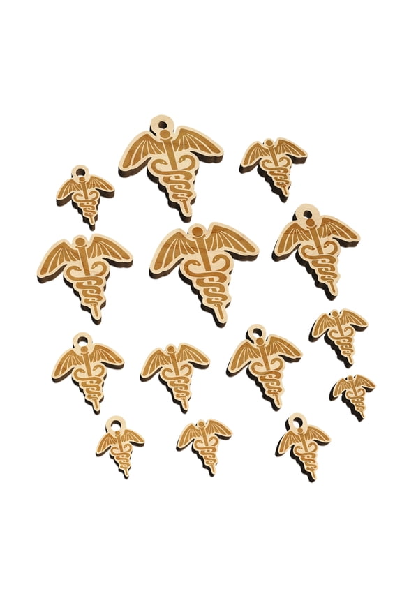 Caduceus Health Medical Symbol Wood Mini Charms Shapes DIY Craft Jewelry - With Hole - 14mm (26pcs)